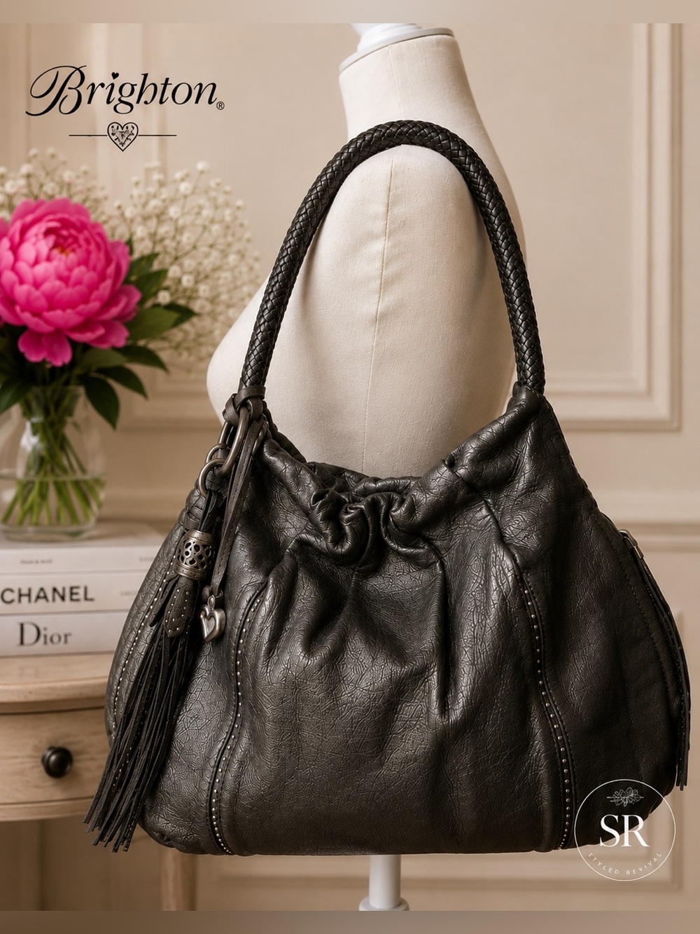 Brighton Greta Garbo Smoky Pewter Leather Satchel Tote Bag Tassel Charm